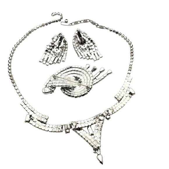 Vintage Aurora Borealis Glass Rhinestone Silver Necklace Brooch Earrings Set - Picture 4 of 4